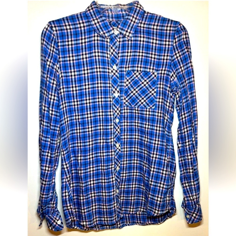 GAP Women’s XS Long Sleeved Collared Button Up Shirt Pink Blue Plaid flannel top